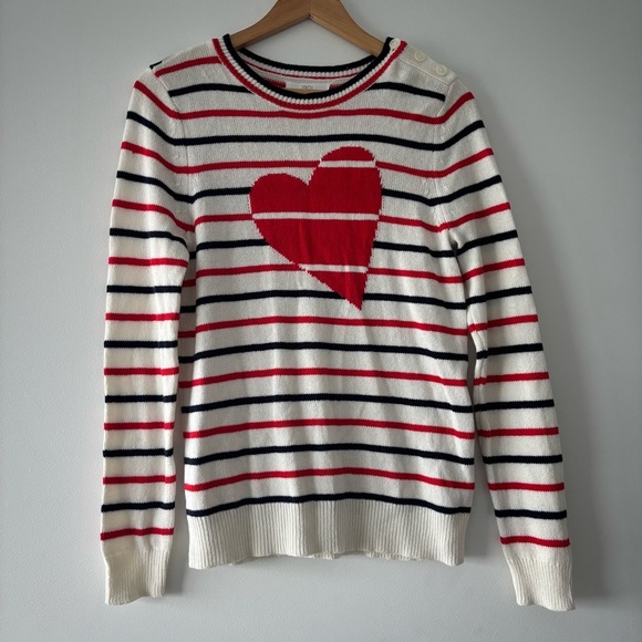 NWT Nordstrom 1901 Ivory Striped Red Heart Button Cute Knit Chunky Artsy Sweater - Picture 2 of 8